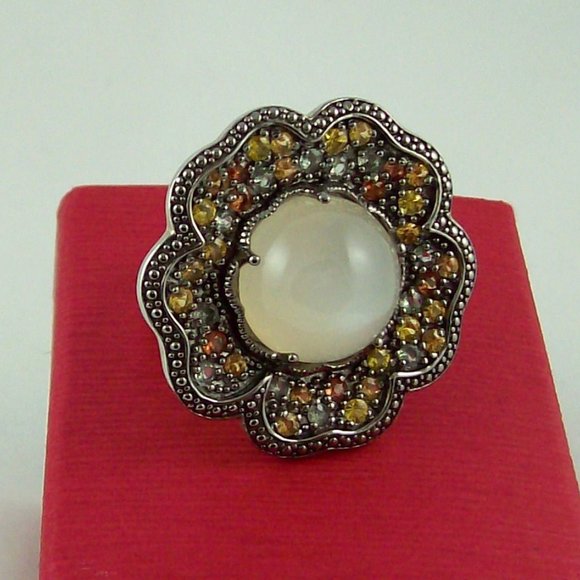 Sima K Moonstone and Sapphire Sterling Flower Ring - Picture 4 of 9